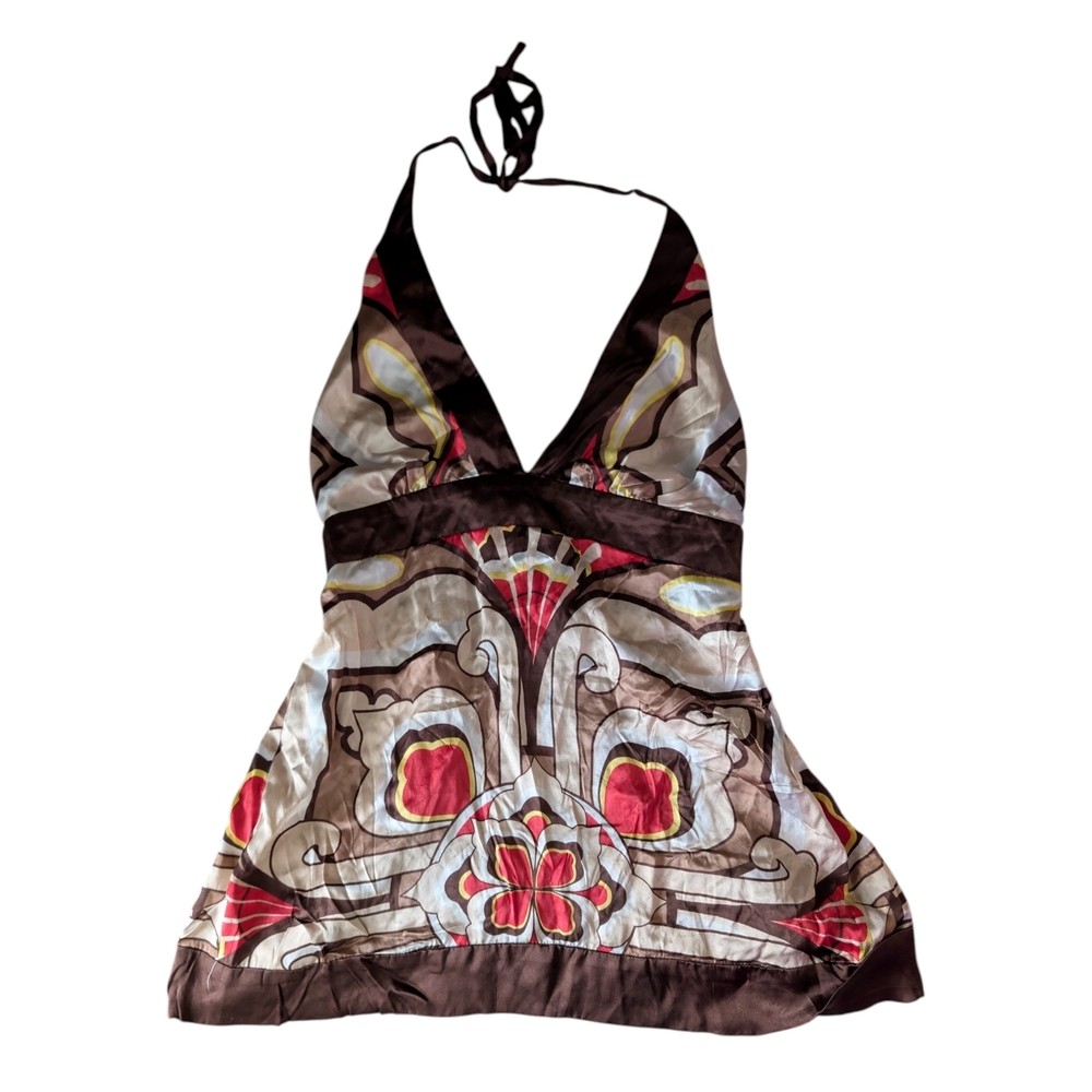 bebe Brown Multicolor Halter Tie-Back Empire Top